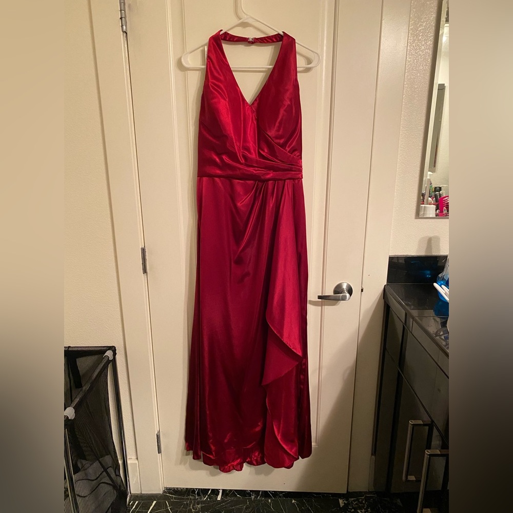 Belsoie red satin halter bridesmaid dress. Size 16.